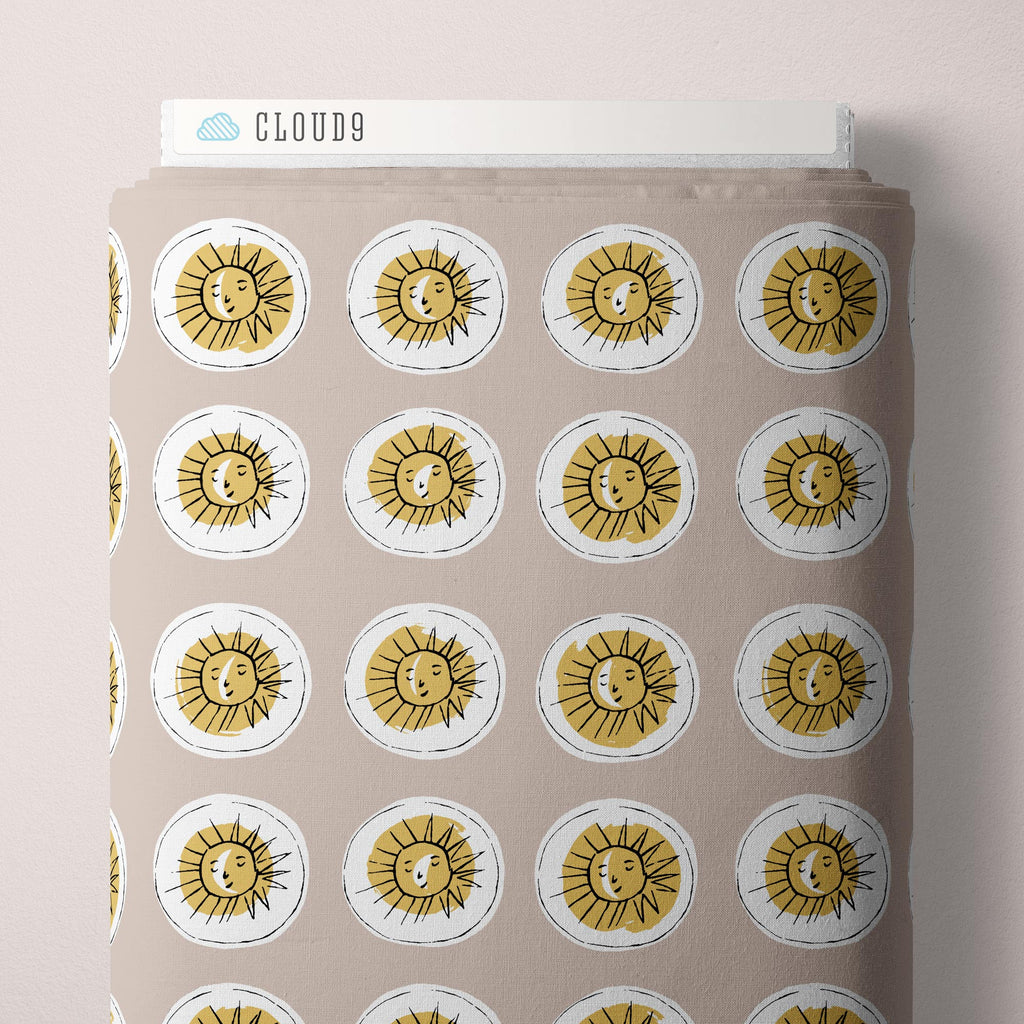 A grid of line drawn suns with faces on  discs of mustard gold over white, all on a warm gray background