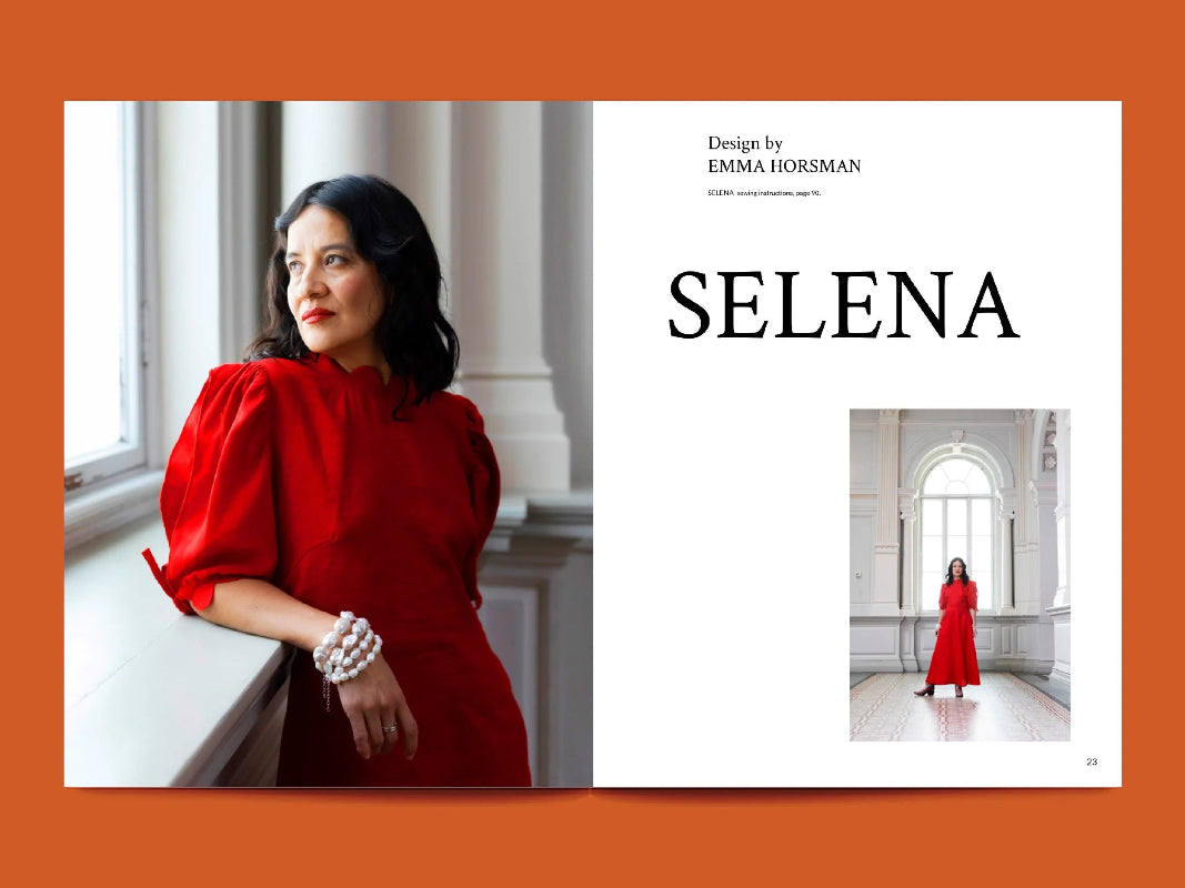 Woman in a red dress leaning against a window with the word 'SELENA' 
