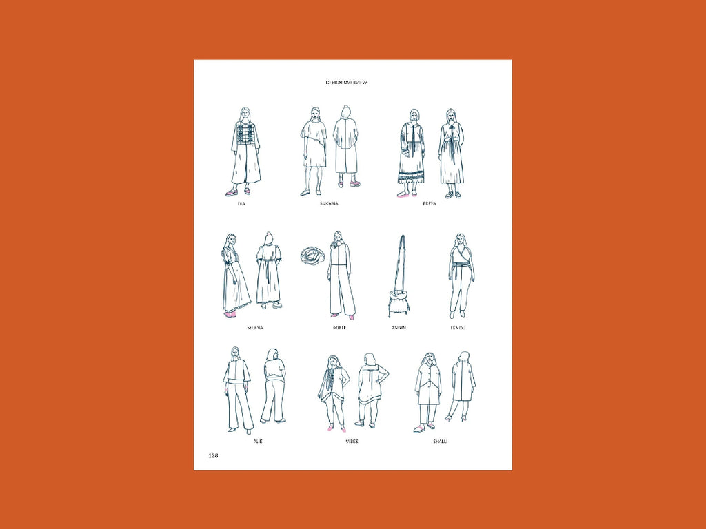 Illustrations of people in various outfits on a white background with an orange border. Outfits are illustrations of enclosed sewing patterns