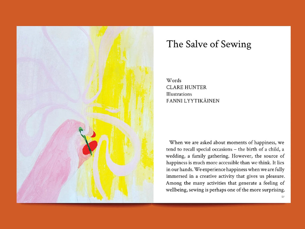 abstract painting with text about sewing on a white background