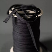 A spool of black ribbon or trim with loose strands draped over the top, photographed against a dark gray studio background.