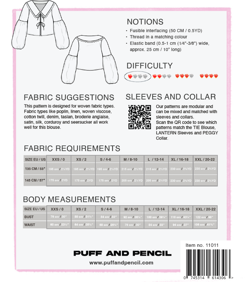 Pattern envelope for a blouse with fabric suggestions, difficulty rating, and measurements.