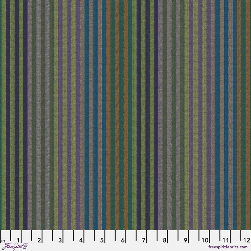 Striped fabric pattern with vertical lines in green, blue, and brown on a white background.