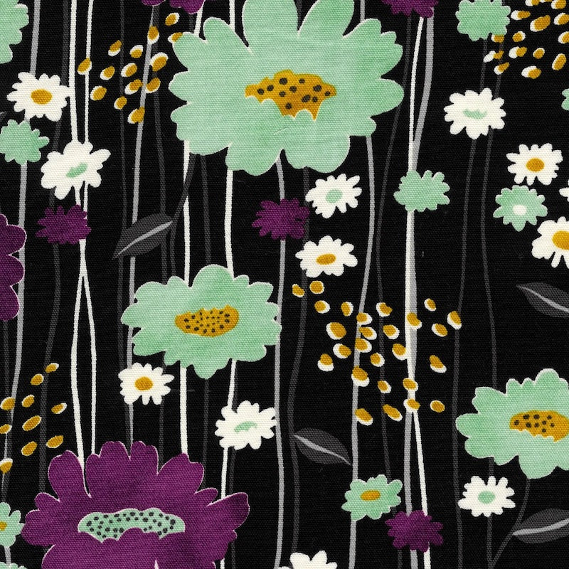 Kokka - Cotton Oxford - Sopo Retro Floral - Black