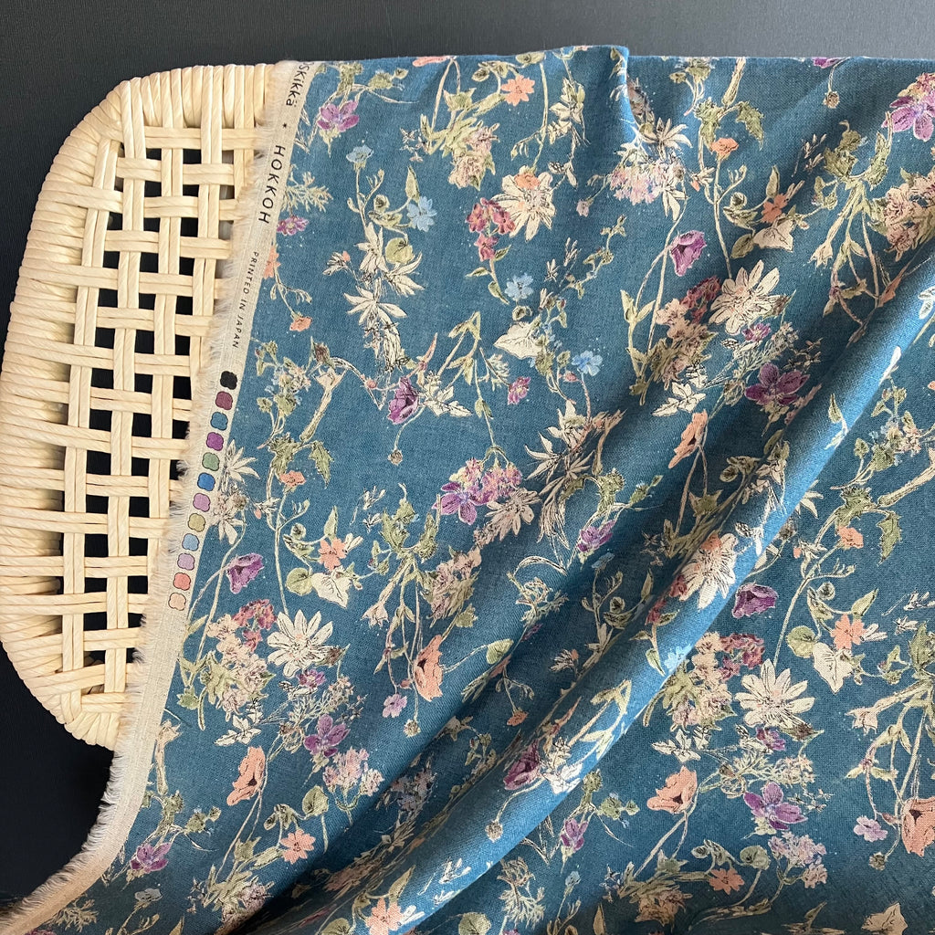 Hokkoh - Cotton Linen Sheeting - Watercolor Floral - Cornflower Blue