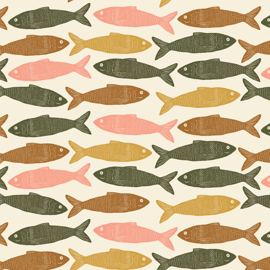 lino or woodblock effect printed fish in earthy tones of brown, green, gold, and pops of pink, on a cream ground