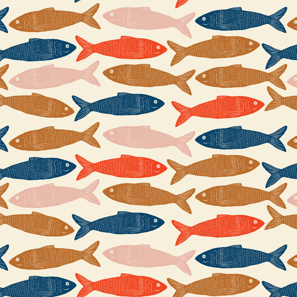 Lino or woodblock print effect fish in high contrast colors of red, pink, rusty god, and blue on a cream ground
