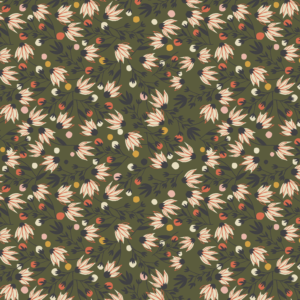 light floral pattern in white, with pink, coral,  white, and gold buds on a green ground