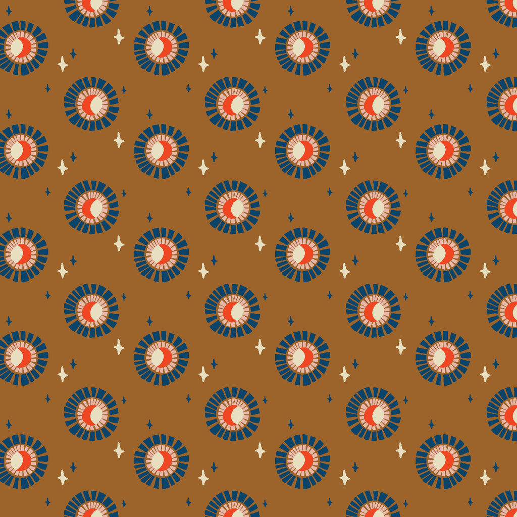 Solar motifs in a diagonal grid layout.The sun is white with red, surrounded by blue rays with a cresent moon shape in the center of the sun motif. Blue and white tars scattered between the suns, all on a rust brown ground