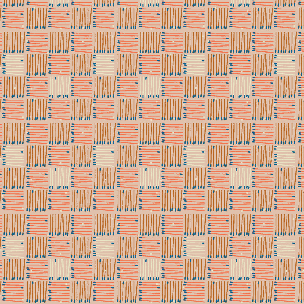 Matchsticks in white, rust brown, or red with blue heads laid out in a gingham pattern