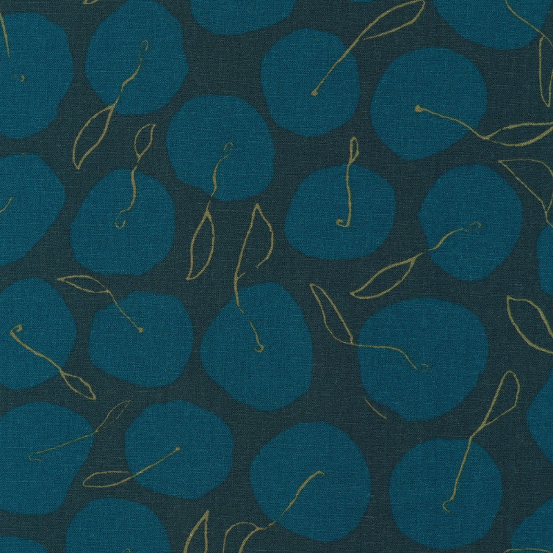 Fabric pattern of blue plums with green stems on a dark blue background -Orchard Run - Cotton Linen Canvas - Apples - Navy