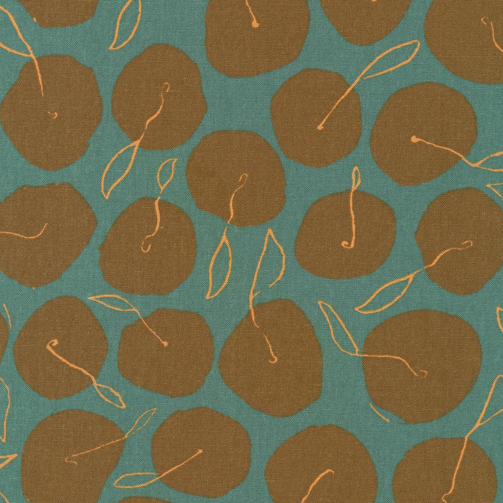 Orchard Run fabric pattern of brown leaves on a teal background