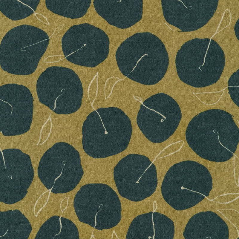 Orchard Run pattern of dark blue circles with white leaves on a mustard yellow background