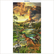 Fabric panel with dinosaur scene feraturing 7 dinosaurs, a volcano, foliage, and a river.