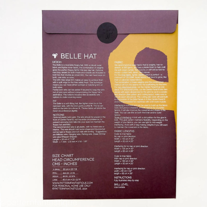 Sewing pattern package 'Belle Hat' with text and a silhouette of a person wearing a hat.