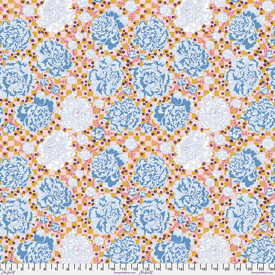 Patterned fabric with blue floral and geometric shapes on a checkered background