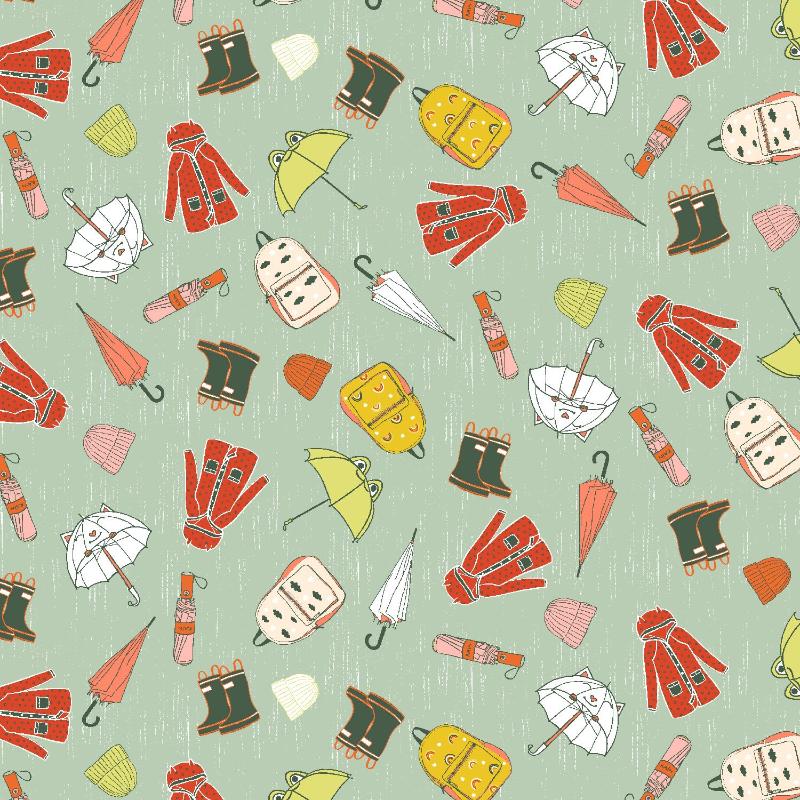 Raincoats, umbrellas, and packs on pistachio green background