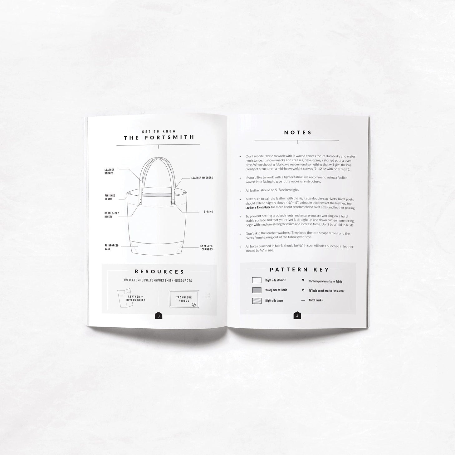 Open book showing a pattern for a bag with text and icons on a white background