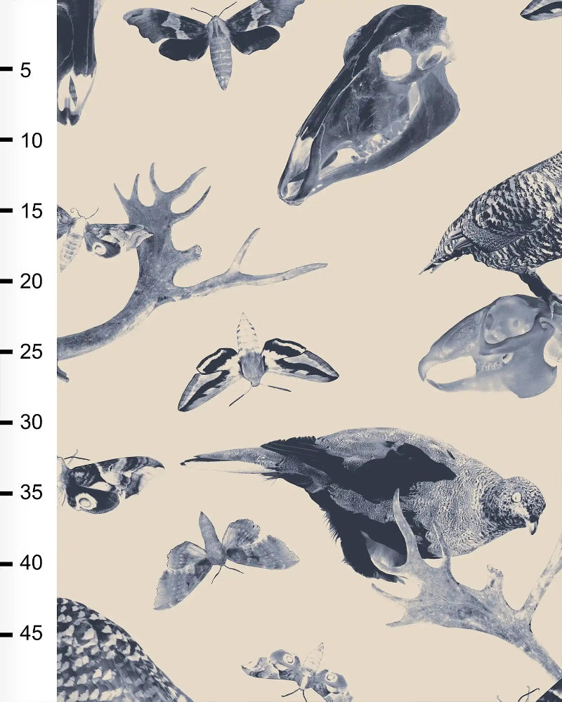 Pattern of animal skulls, birds, and antlers on a beige fabric with a ruler on the side.