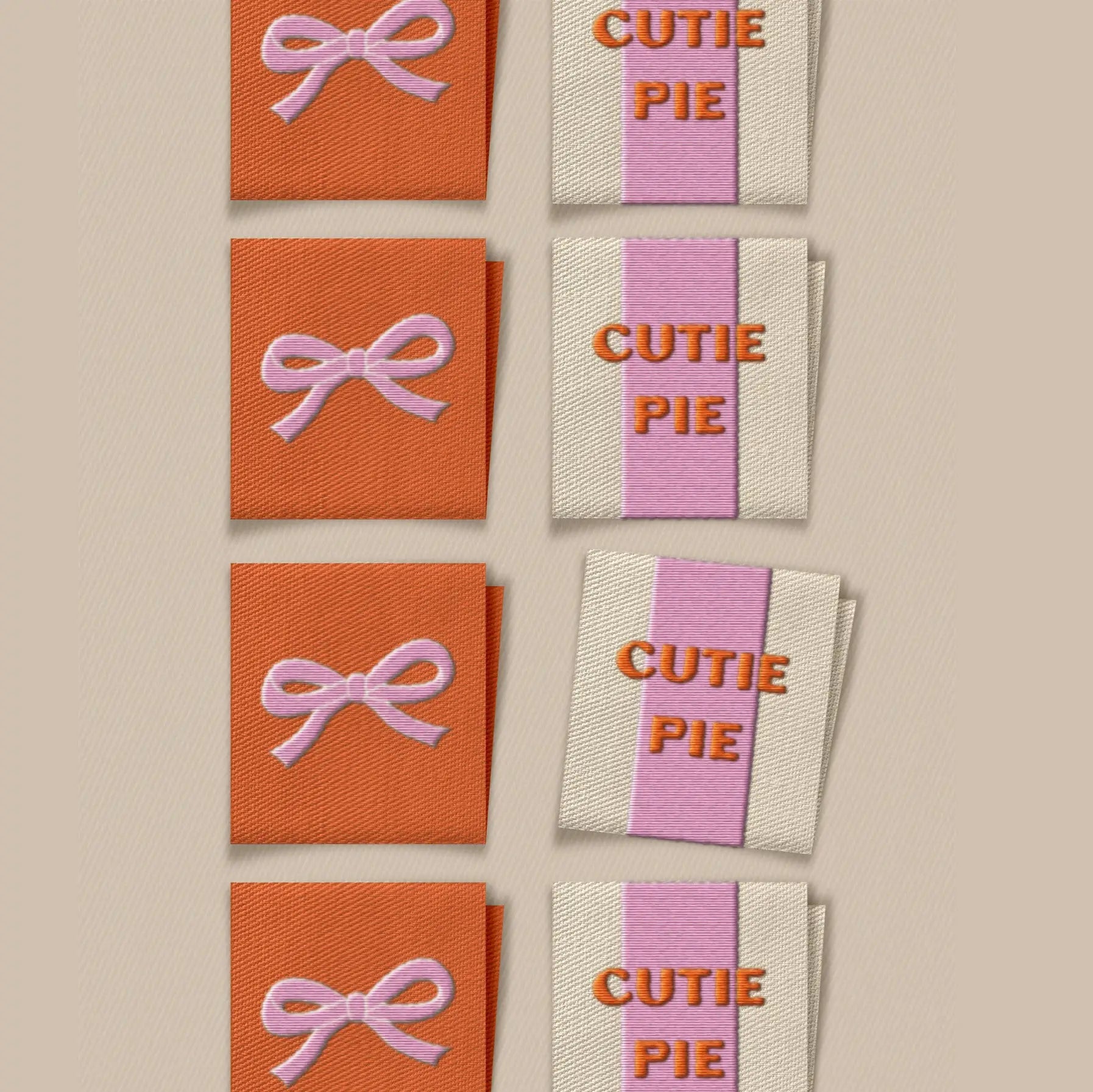 Fabric swatches with 'Cutie Pie' text and pink bows on an orange and beige background