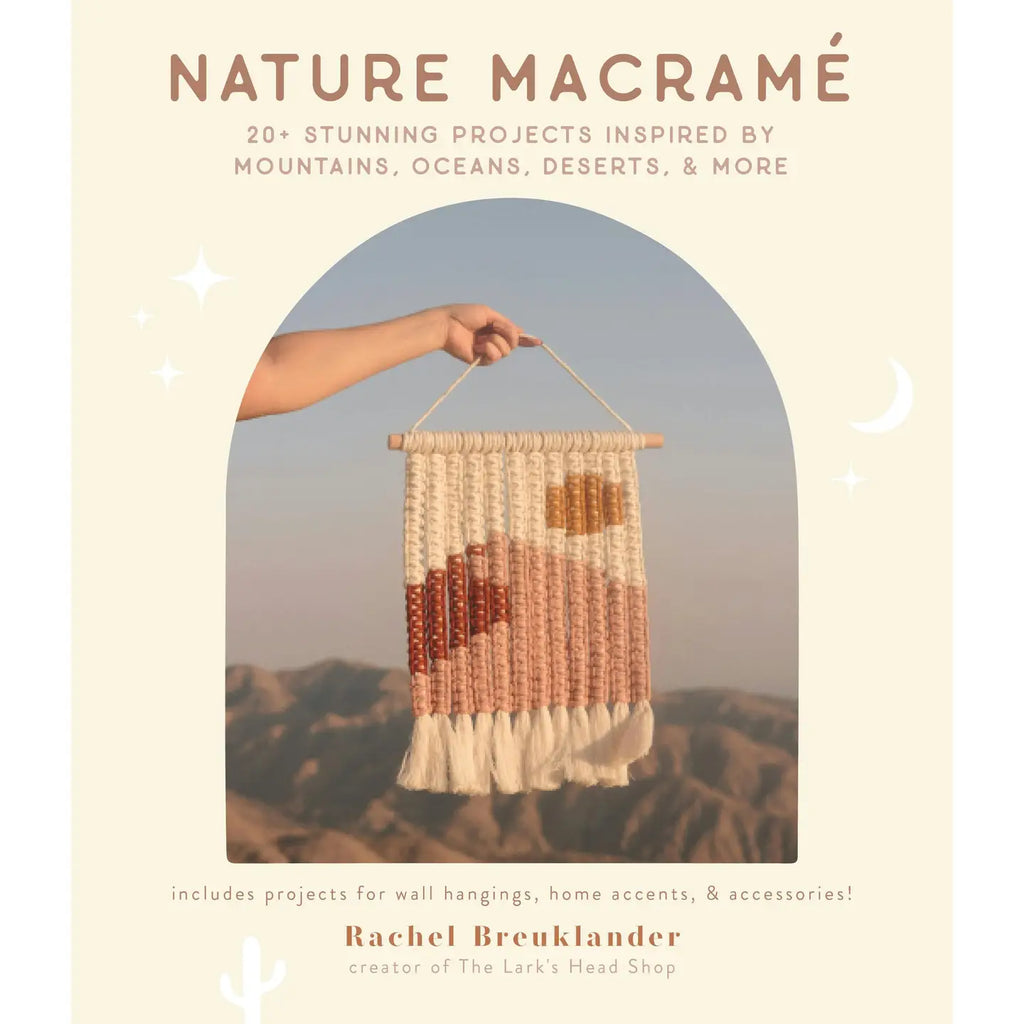 Book cover of 'Nature Macramé' with a hand holding a macramé wall hanging against a mountainous background.