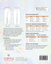 Back of a Zakka Workshop garment pattern box for Studio Trousers, showing front and back line drawings, body measurements, finished garment measurements, fabric requirements, materials, about the designer, and a barcode.