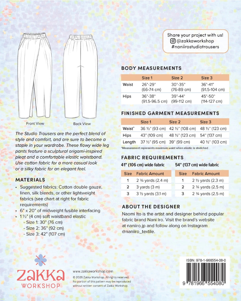 Back of a Zakka Workshop garment pattern box for Studio Trousers, showing front and back line drawings, body measurements, finished garment measurements, fabric requirements, materials, about the designer, and a barcode.