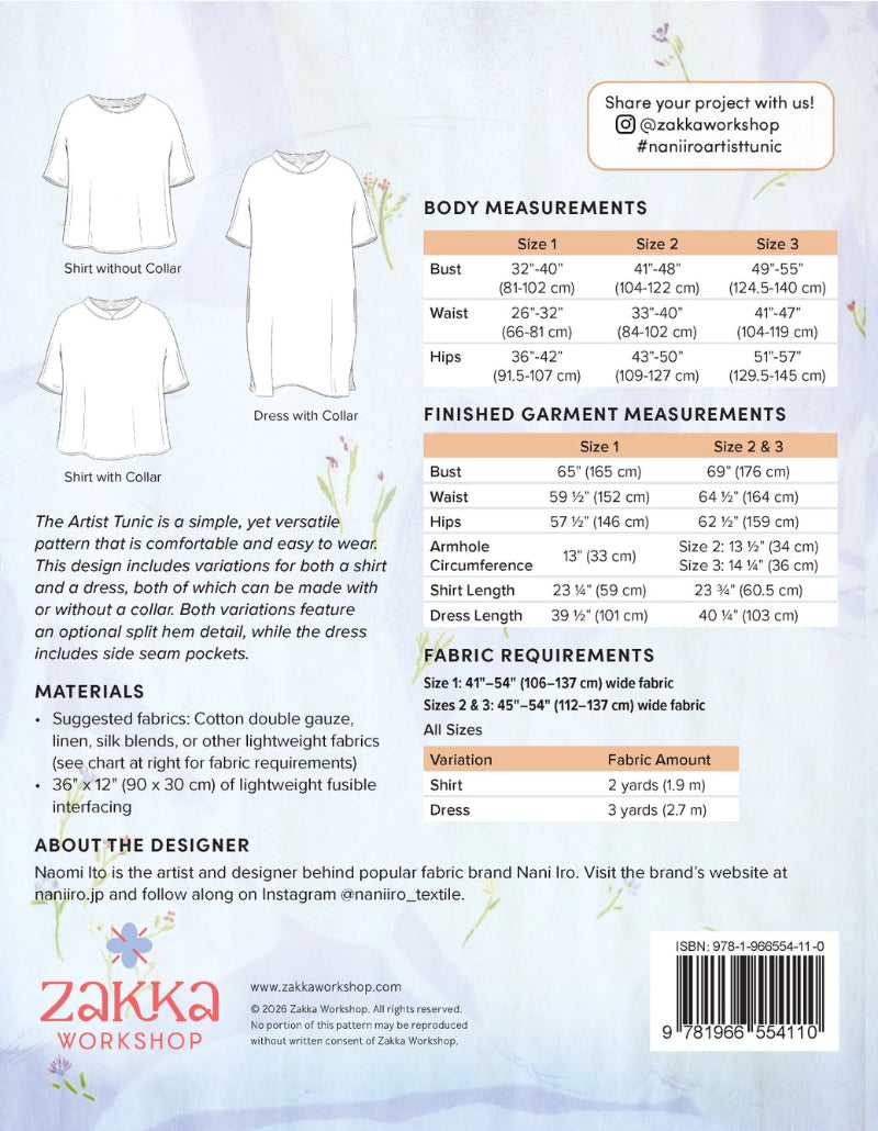 Zakka Workshop garment pattern with measurements, materials, and fabric requirements on a light blue background.