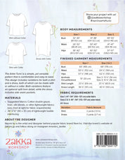 Zakka Workshop garment pattern with measurements, materials, and fabric requirements on a light blue background.