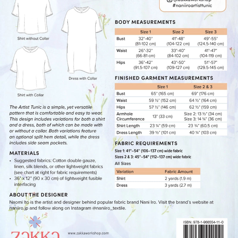 Zakka Workshop garment pattern with measurements, materials, and fabric requirements on a light blue background.