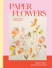 Book cover of 'Paper Flowers' with stylized paper flowers on a pink and orange background