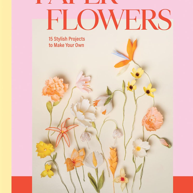 Book cover of 'Paper Flowers' with stylized paper flowers on a pink and orange background