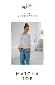 Woman wearing a polka dot top and jeans with 'Sew Liberated' branding.