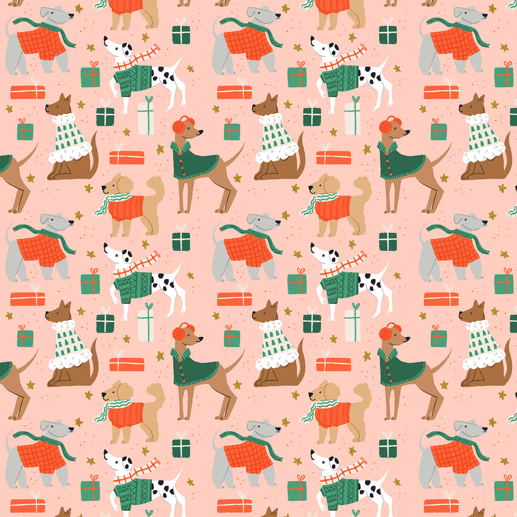 Cotton + Steel - Merry Pawmas - Dapper Dogs - Pink with Metallic