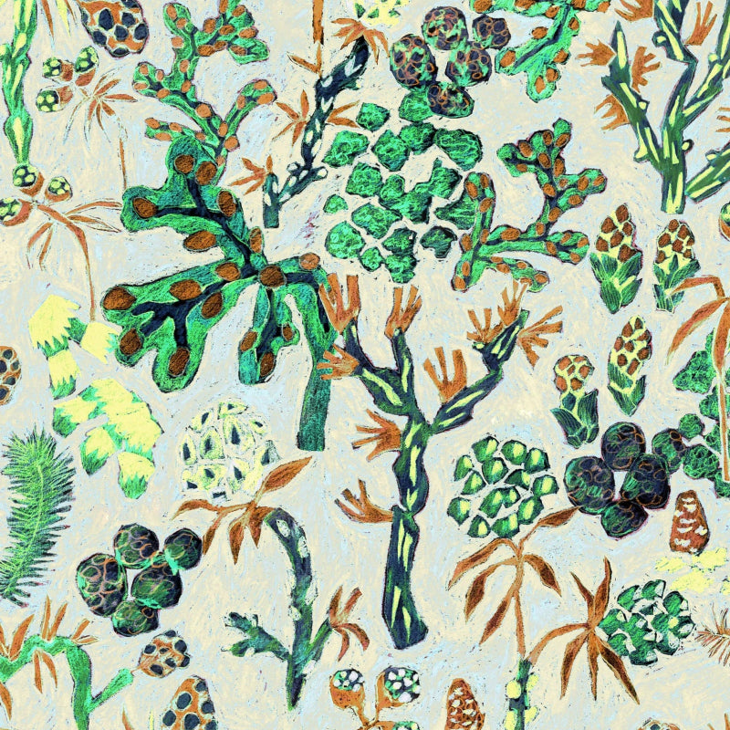 Colorful pattern of underwater plants and marine life on a light fabric