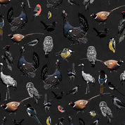 Pattern of various birds on a dark fabric