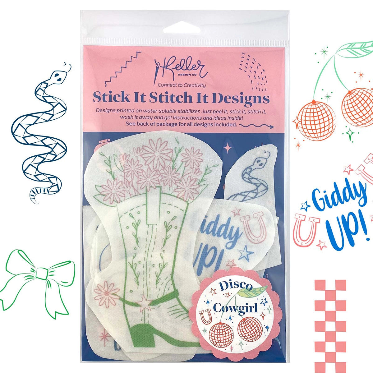 Package of 'Stick It Stitch It' designs with cowboy boot, horse shoe, and 'U Giddy Up!' text on a white background.