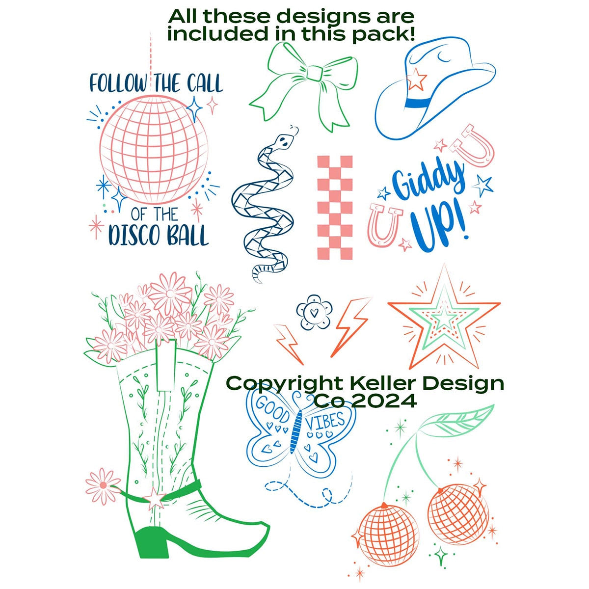 Collection of colorful illustrations including a disco ball, cowboy hat, boots, and text on a white background.