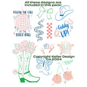 Collection of colorful illustrations including a disco ball, cowboy hat, boots, and text on a white background.
