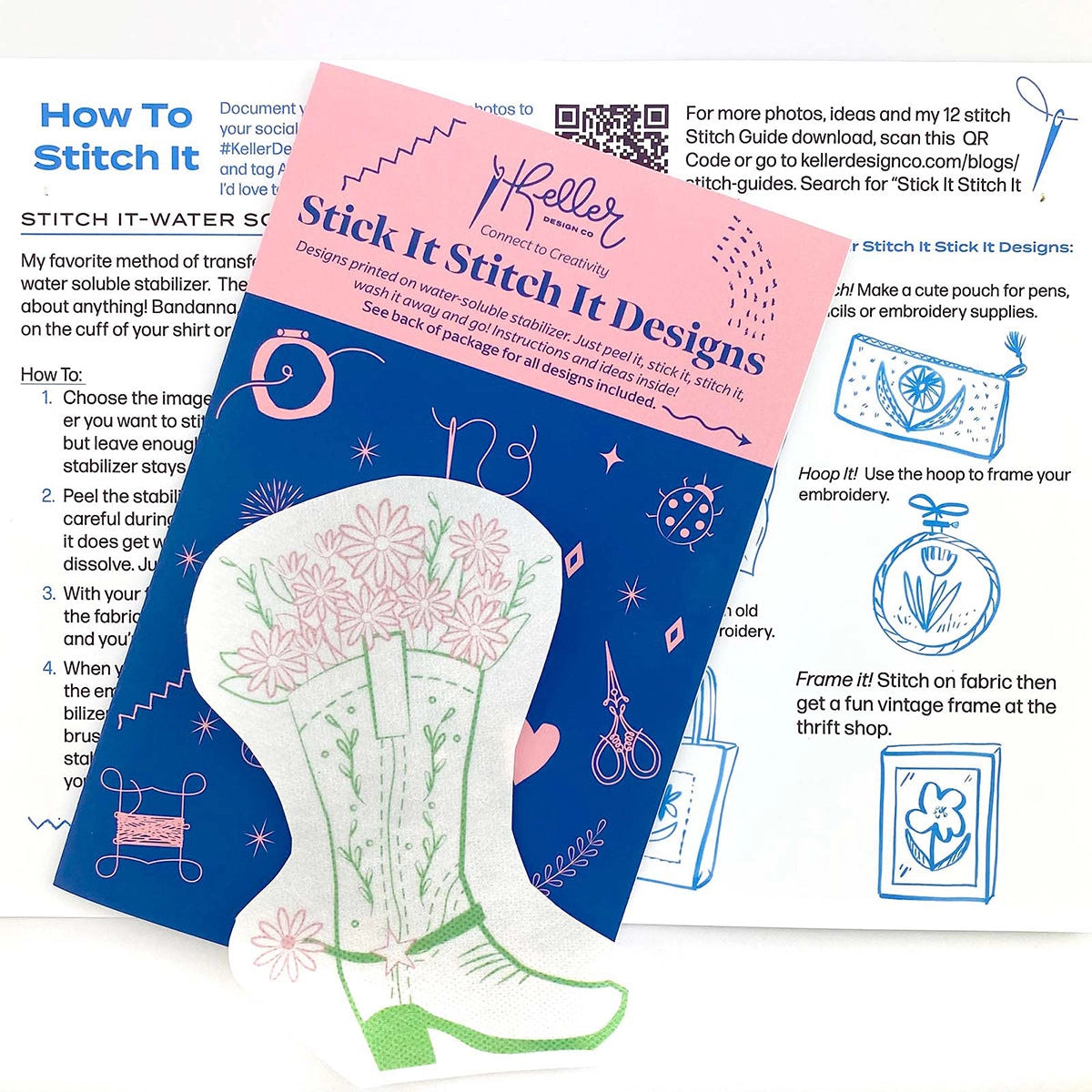 Stitch guide with floral design and text on a white background