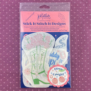 Packaged product with 'Stick It Stitch It Designs' on a pink and purple patterned background