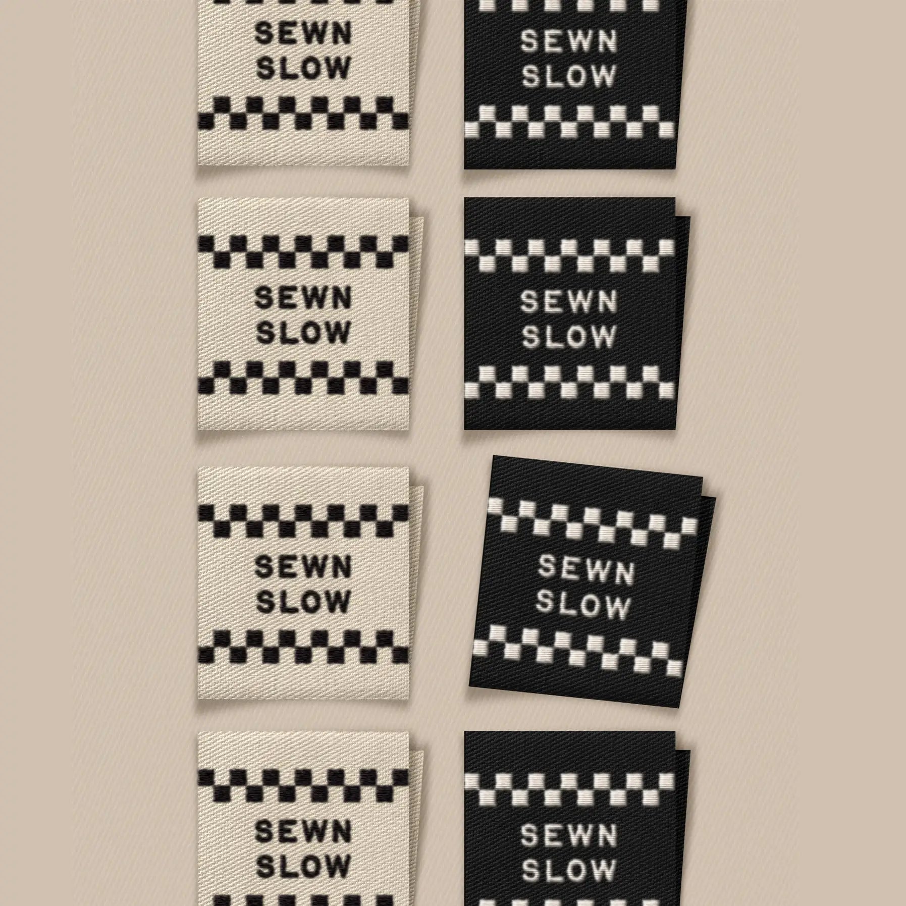 Multiple 'SEWN SLOW' labels on a beige background