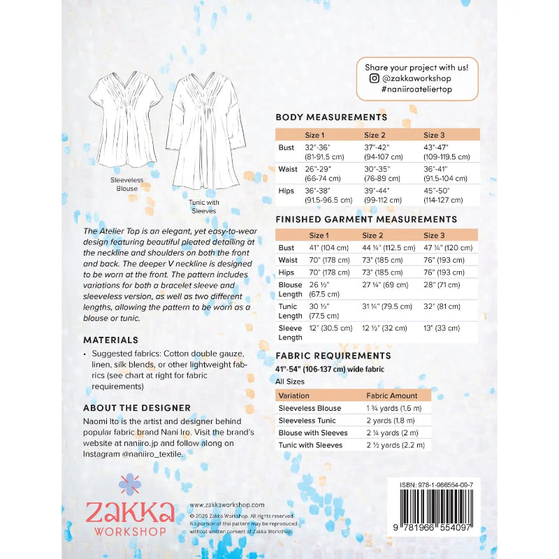 Back pattern measurement sheet for Zakka Workshop's 'The Aдели' top, featuring size charts, body measurements, finished garment measurements, fabric requirements, and a sewing diagram on a white background with a light blue floral border.