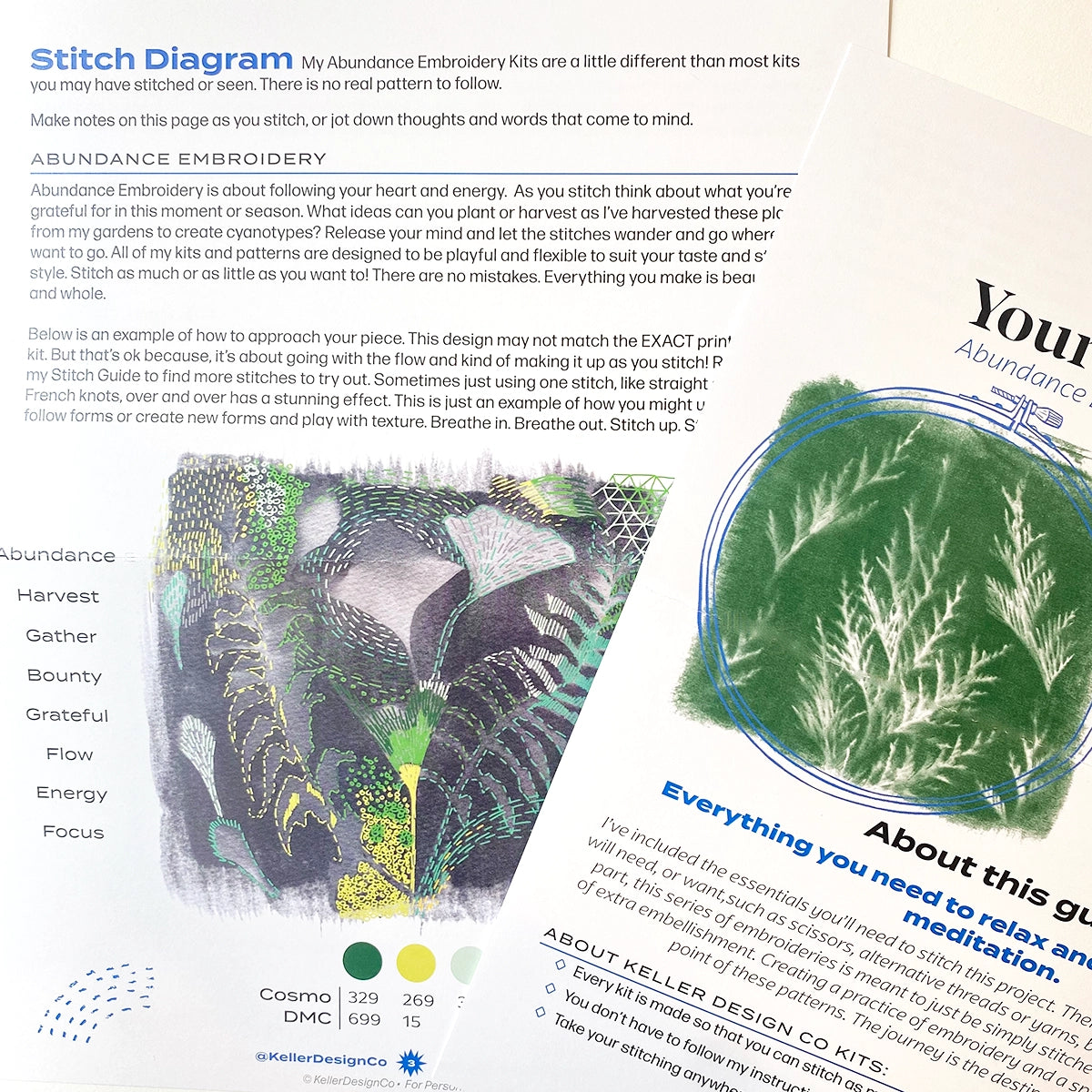 Stitch diagram and embroidery kit with text and illustrations on a white background