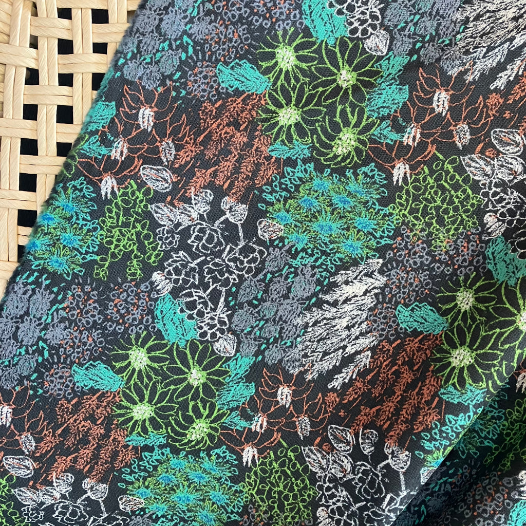 Kokka - Cotton/Linen Lightweight Canvas - Line-Art Flower Garden - Charcoal and Green