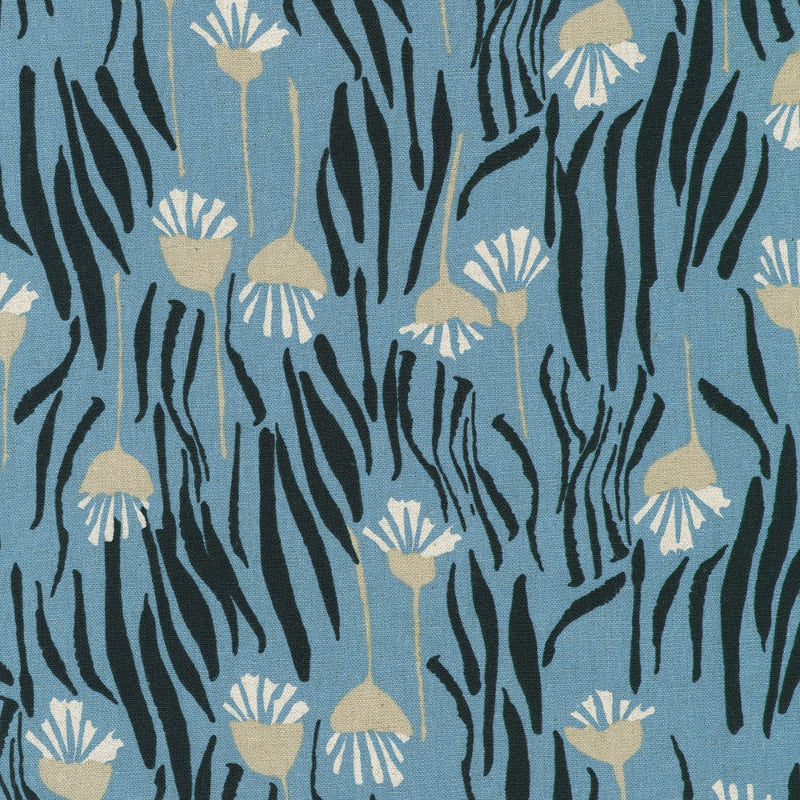 Orchard Run Patterned fabric with black and white floral design on a blue background