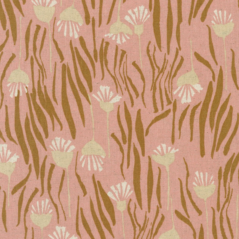 Orchard Run Patterned fabric with abstract shapes on a pink background