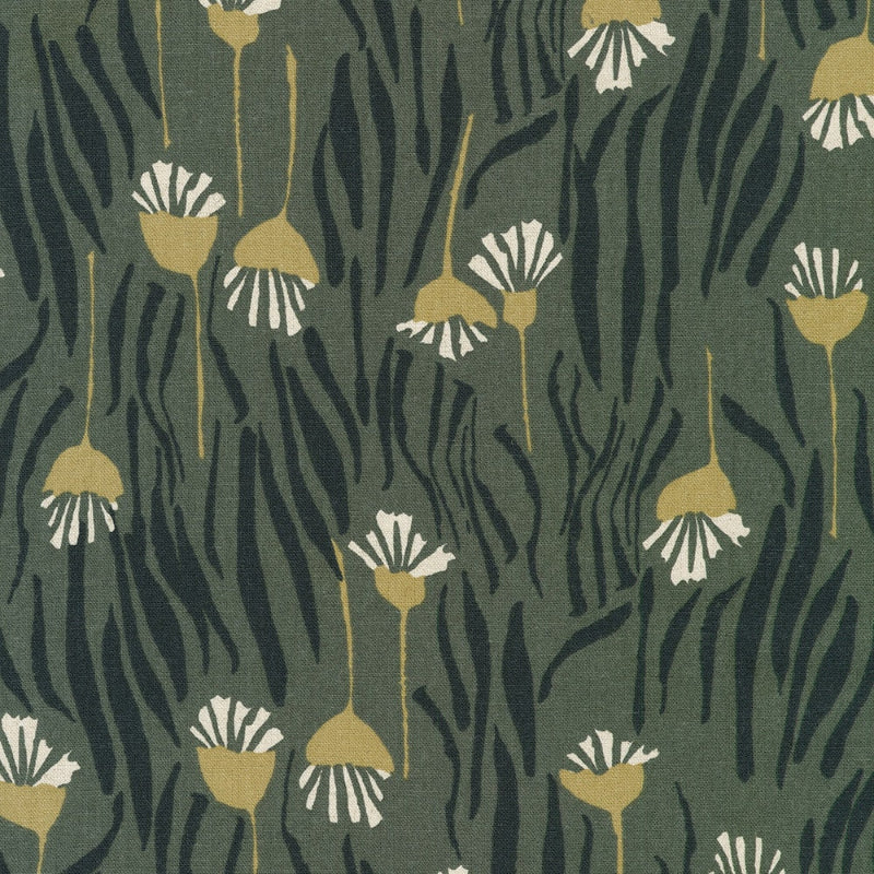 Orchard Run Patterned fabric with floral design on a green background