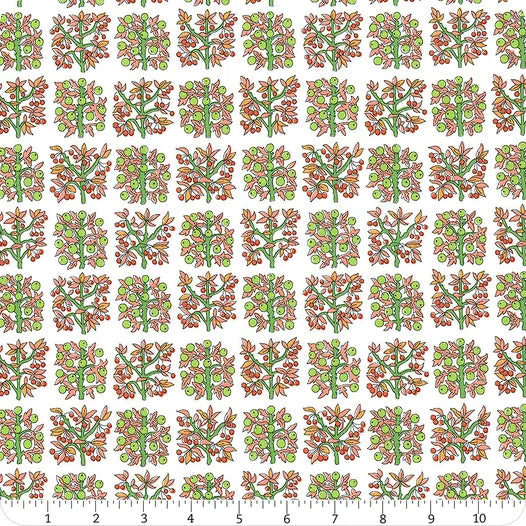 A grid of square-ish fruit tree motifs on a white ground