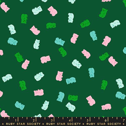 Pattern of colorful gummy bears on a green background with Ruby Star Society label.